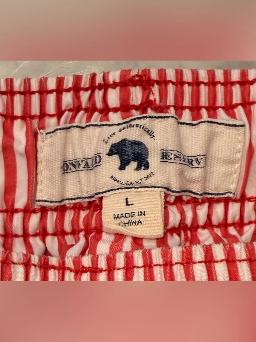 Onward Reserve Red/White Striped Men’s Swim Trunks. Large.